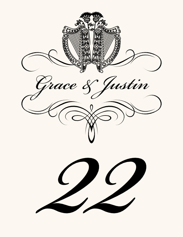 Celtic Harp and Thistle Irish Wedding Table Number Cards Documents